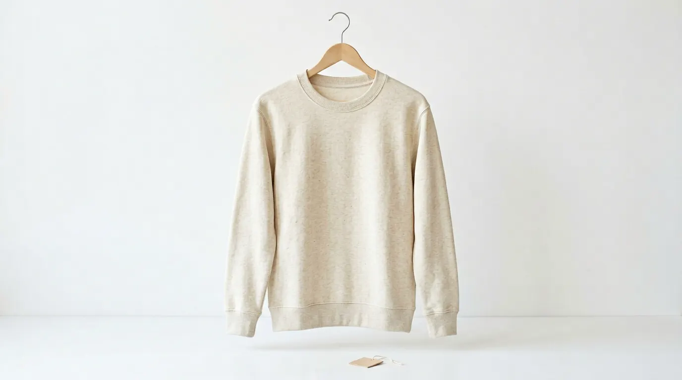 Natural blank crewneck sweatshirt hanging in a neutral studio