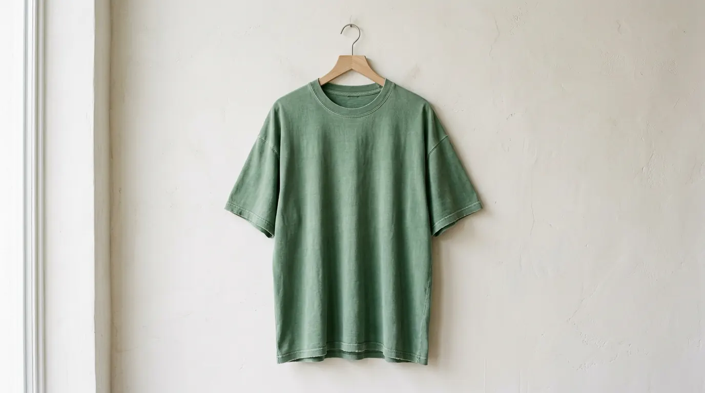 Heavyweight green blank T-shirt hanging in a neutral studio