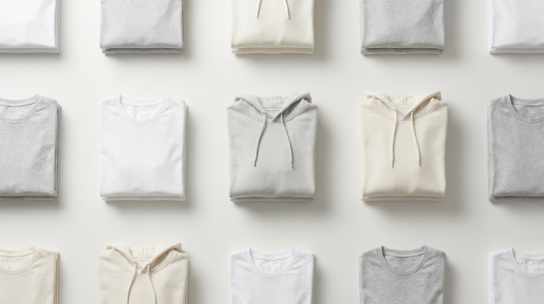 Folded blank t-shirts and hoodies arranged on white background — OEM, ODM and private label apparel manufacturing