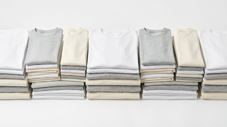 Stacks of folded blank t-shirts and sweatshirts in white and grey — wholesale blank apparel sourcing from China manufacturer