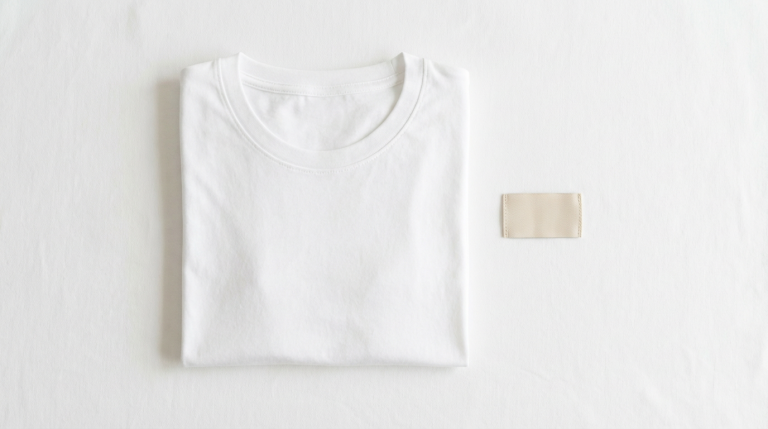 Blank white t-shirt with woven clothing label tag on white surface — how to start a clothing brand with blank apparel