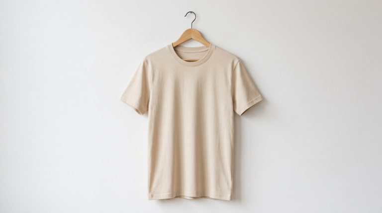 Plain sand beige 100% cotton t-shirt hanging on wooden hanger against white wall