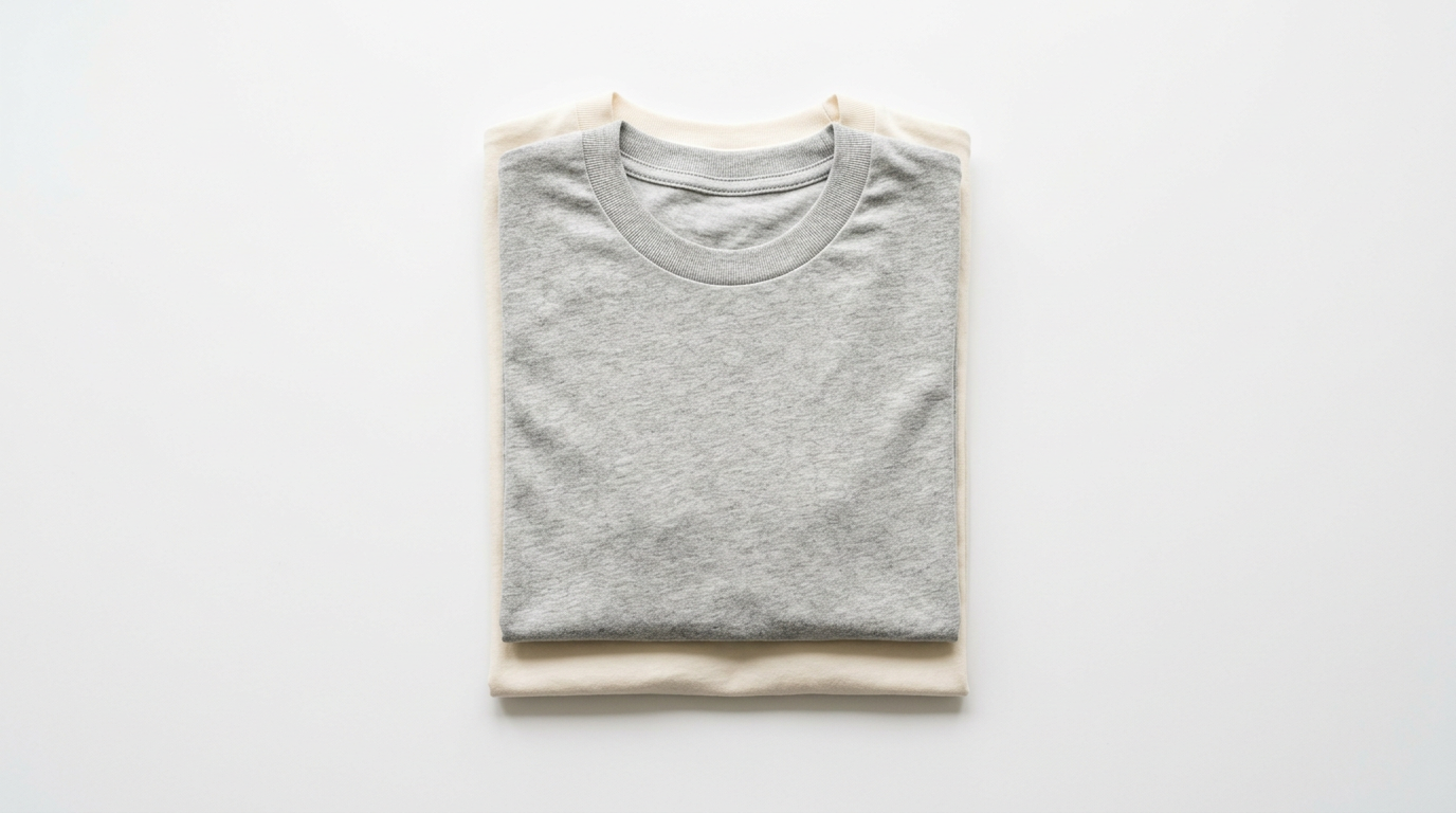 Two folded plain cotton crew neck t-shirts stacked on white background