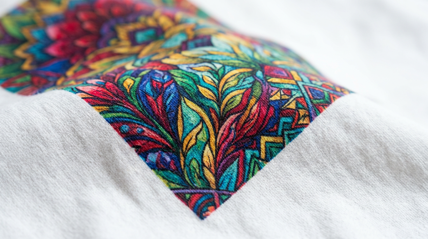 Vibrant DTG direct-to-garment print detail on white cotton t-shirt