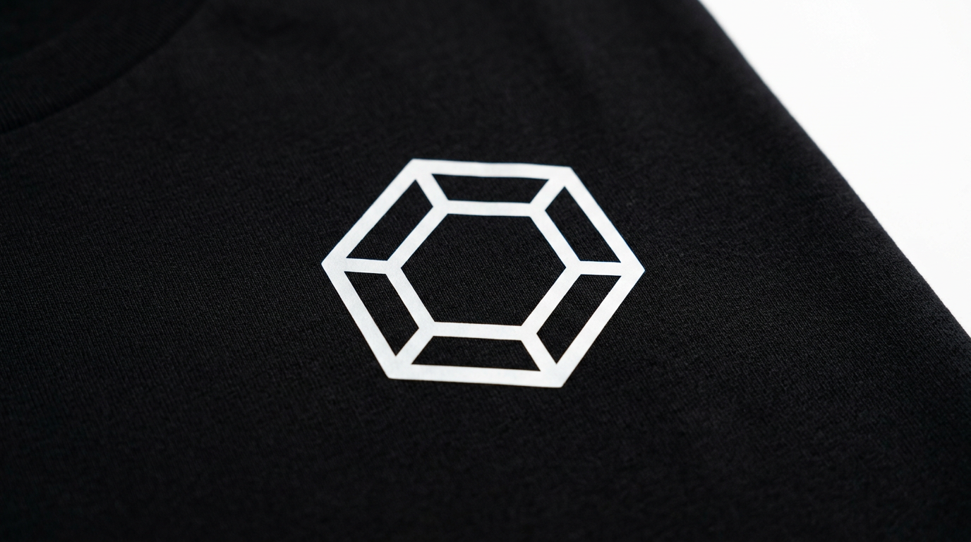 Clean white heat transfer vinyl geometric graphic on black cotton t-shirt