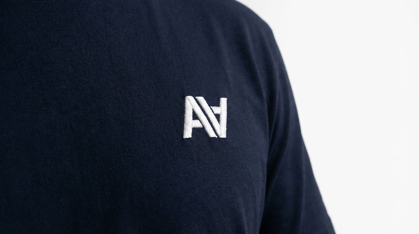 White embroidered monogram logo on left chest of navy cotton t-shirt