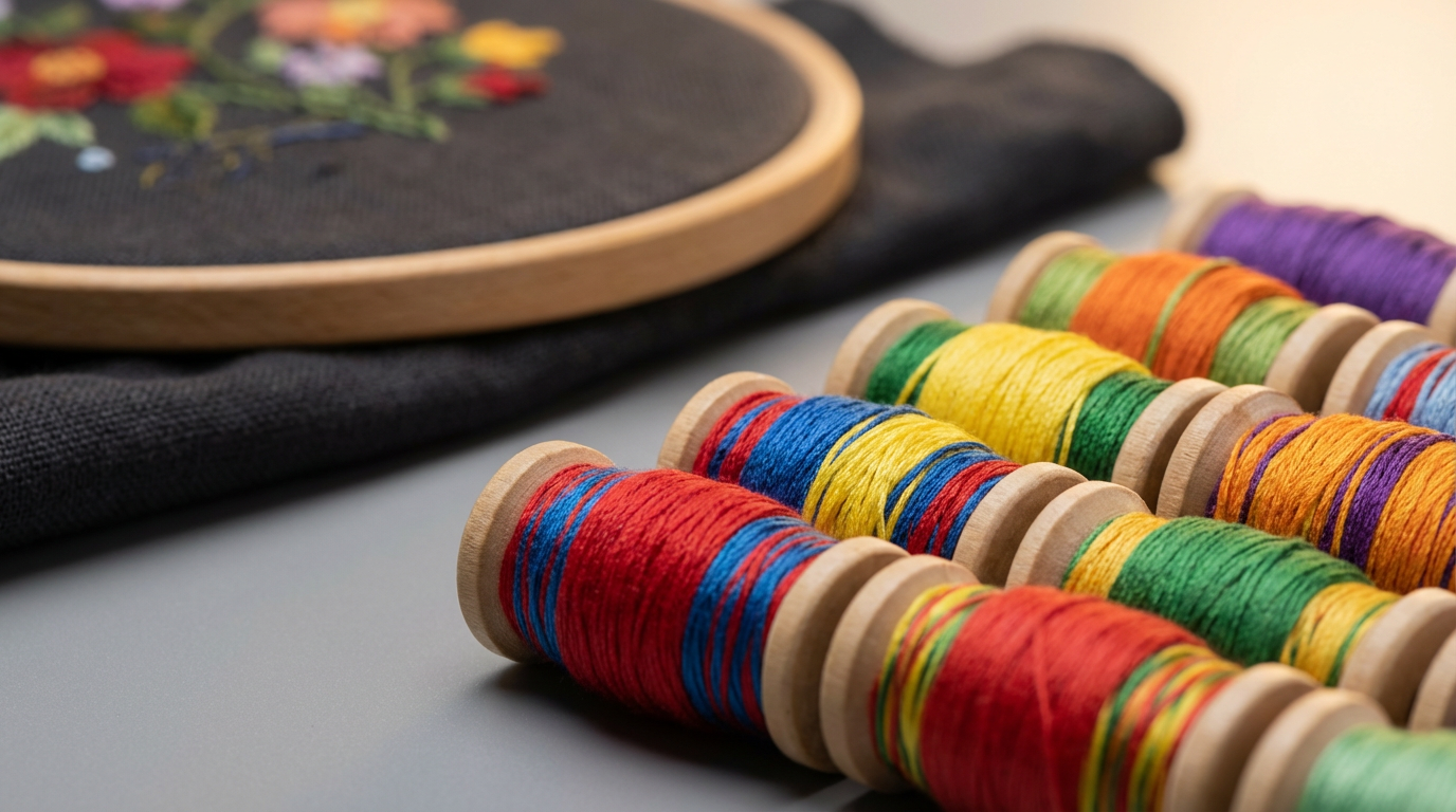 Colorful polyester embroidery thread spools with embroidery hoop in background