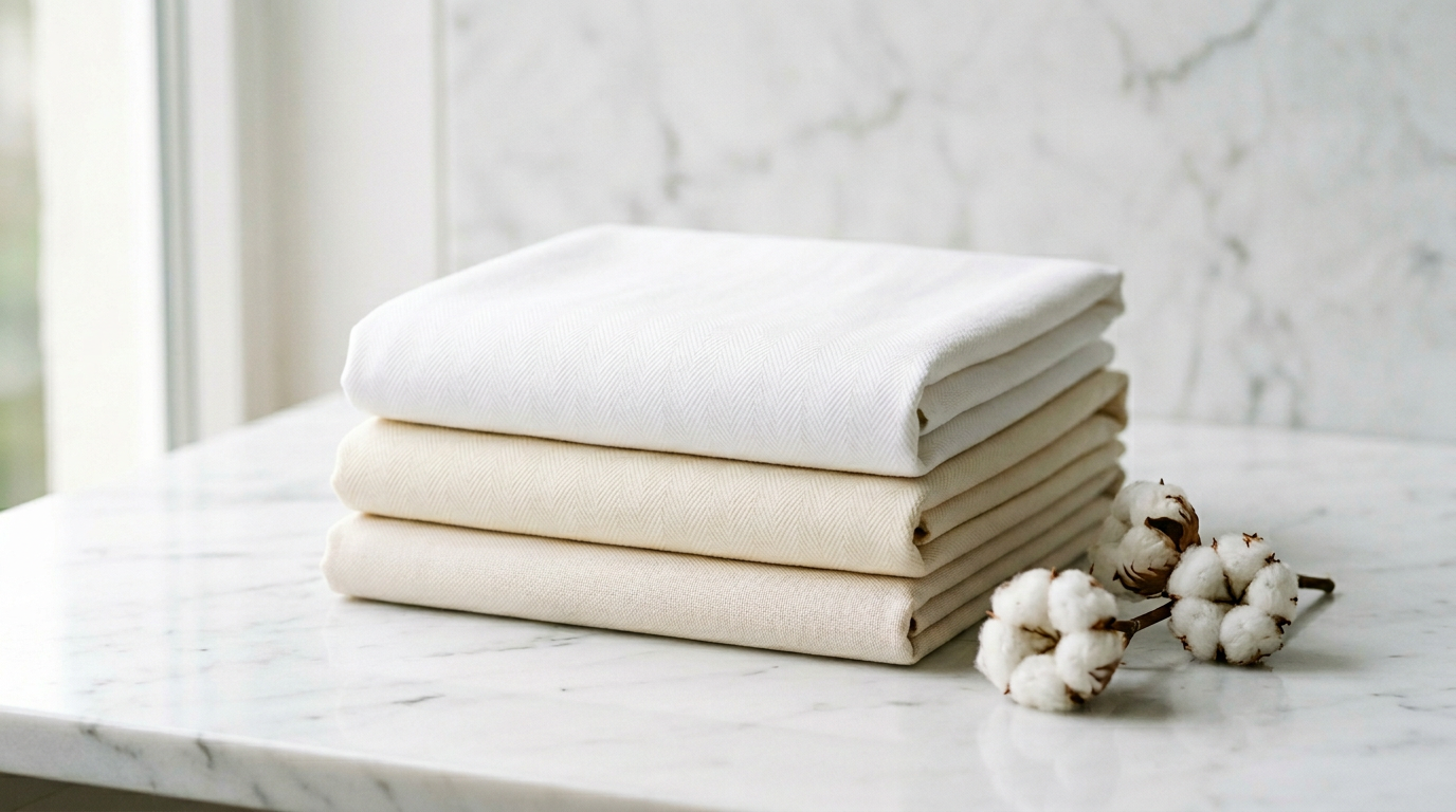 Organic cotton fabric swatches on marble — DRIOV ethical sustainable manufacturing