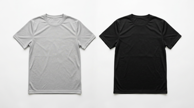 Two plain performance activewear t-shirts flat lay on white background