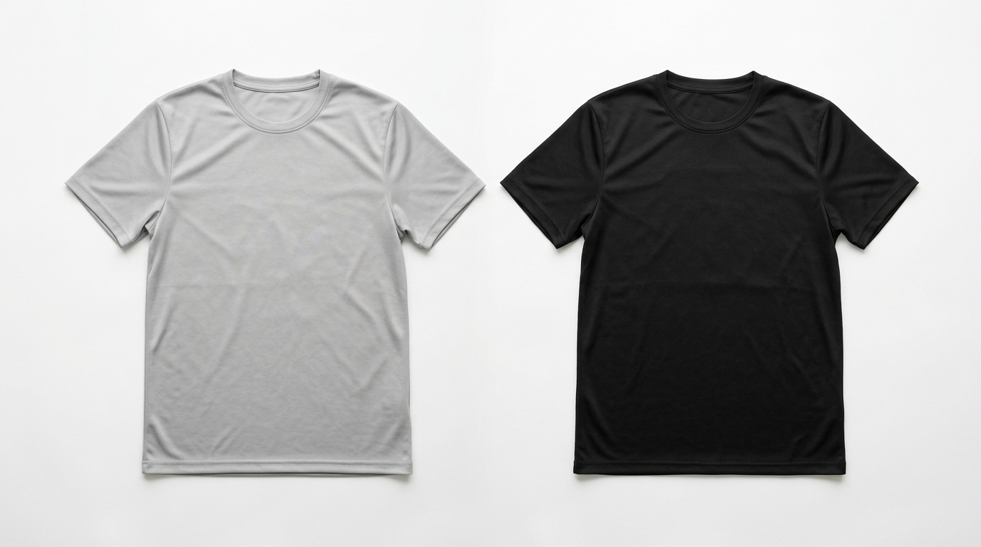 Two plain performance activewear t-shirts flat lay on white background