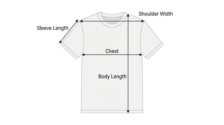 T-shirt measurement diagram showing how to measure chest, body length, sleeve length and shoulder width