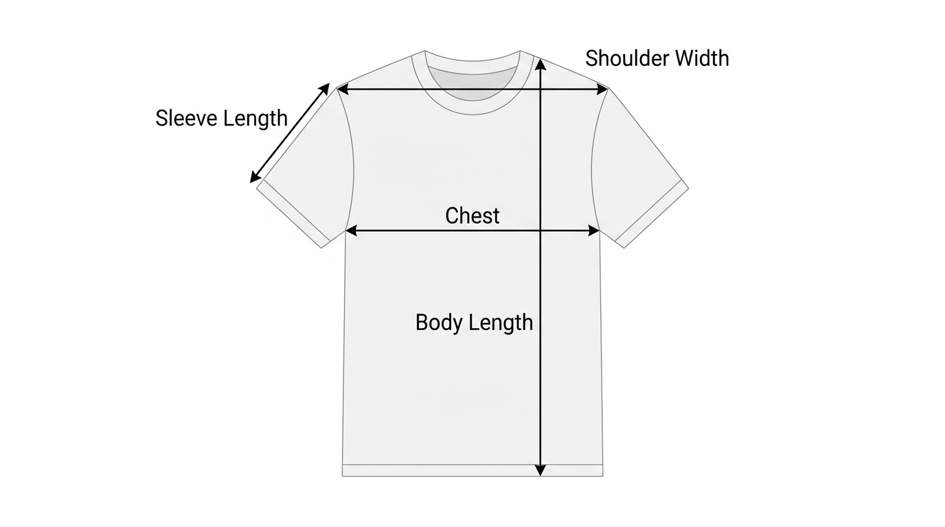 T-shirt measurement diagram showing how to measure chest, body length, sleeve length and shoulder width