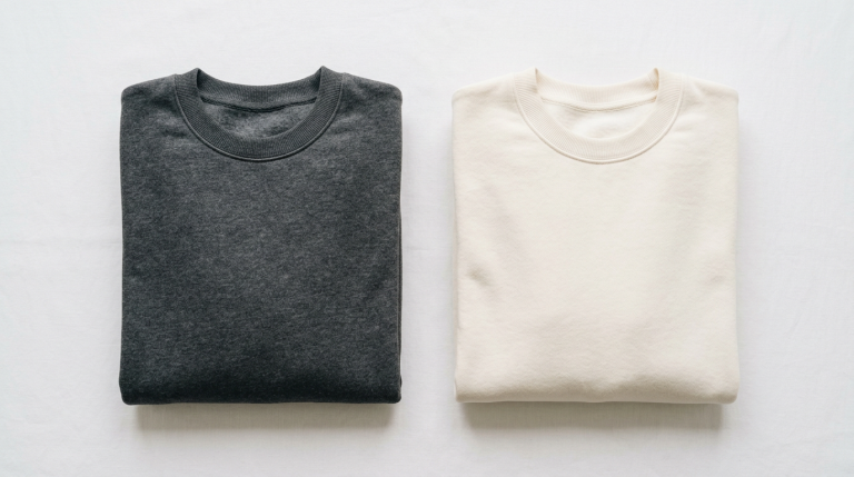 Two neatly folded plain crew neck sweatshirts in charcoal grey and cream on white background