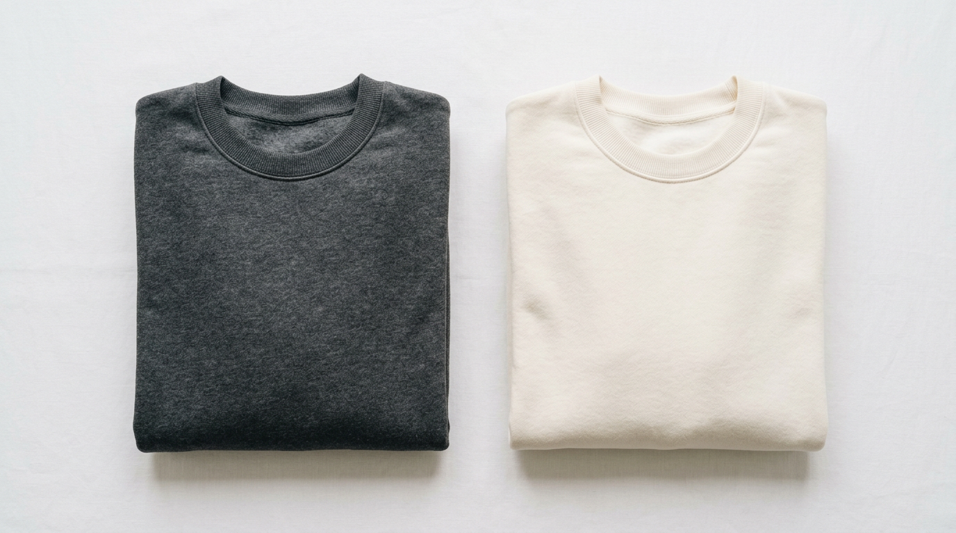 Two neatly folded plain crew neck sweatshirts in charcoal grey and cream on white background